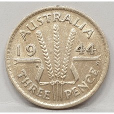 AUSTRALIA 1944S . THREEPENCE . VARIETY . RARE DOUBLE DATE STAMP
